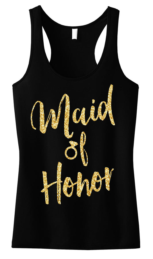 Maid of Honor Script Tank Top with Gold Glitter -