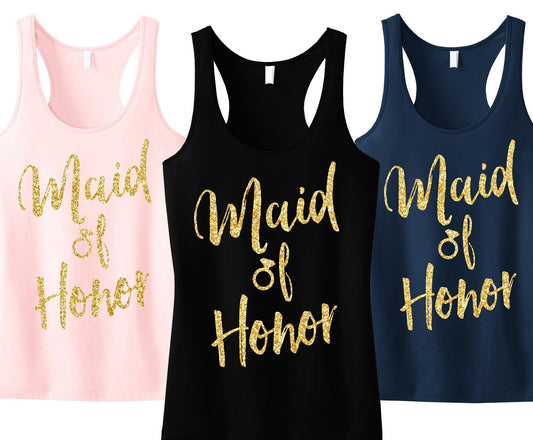 Maid of Honor Script Tank Top with Gold Glitter -